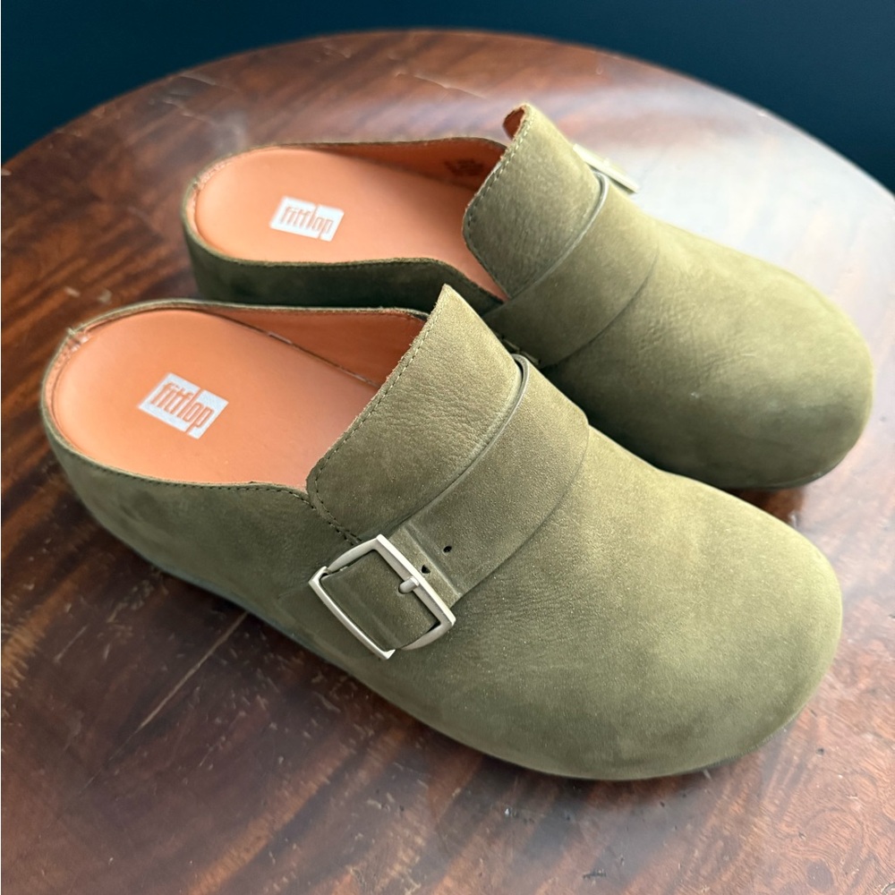 Fitflop | Green Suede Clogs | Gold Buckle